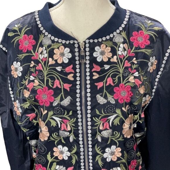 Navy Blue Floral Embroidered Long Sleeve Bomber Style Jacket Full Zip Sz Medium - Picture 2 of 9